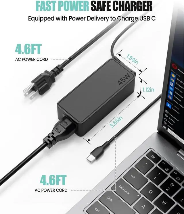 Alt view image 3 of 7 - 45W Laptop Charger for HP Chromebook, ASUS, Acer, Lenovo, Samsung, Dell, Power Adapter for Chromebook X360 Spectre X360 Elite X2, Replacement AC Adapter