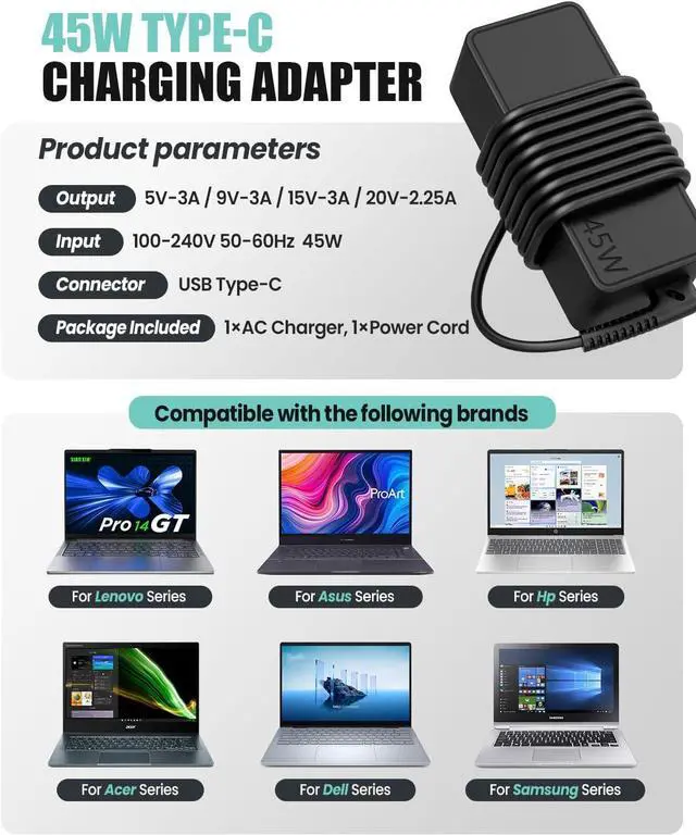 Alt view image 7 of 7 - 45W Laptop Charger for HP Chromebook, ASUS, Acer, Lenovo, Samsung, Dell, Power Adapter for Chromebook X360 Spectre X360 Elite X2, Replacement AC Adapter