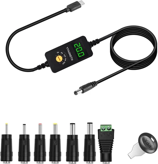 Main image of YTANDNETH Universal USB C to DC Adapter, Barrel PD Trigger Cable, USB-C to DC 5V 9V 12V 15V 20V Adapter Cable with LED Display, for Netbook, Tablets, Led Light, Lamps, Routers