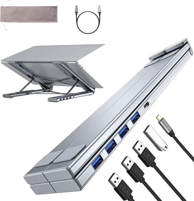 Main image of M61 USB C to USB Hub Portable Laptop Stand, Aluminum 4 Ports USB3.0 Multiport Adapter Adjustable Laptop Docking Station Stand Compatible with MacBook Pro/Air, Chromebook, Keyboard, Mouse, HDD