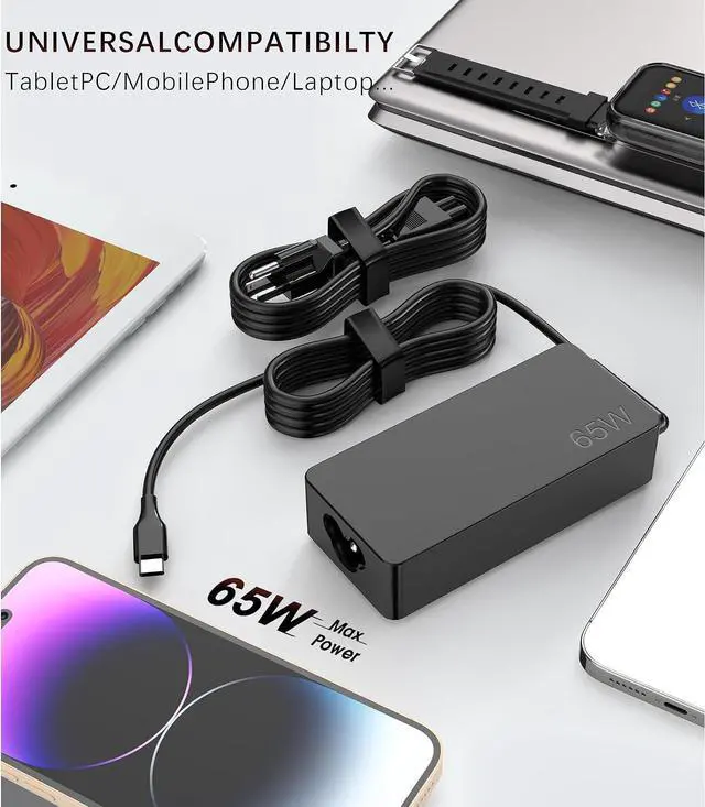 Alt view image 4 of 6 - 65W Laptop Charger USB C Compatible with Lenovo ThinkPad X1 X13 T14 T15 E14 E15 T480s T490 E480,Yoga 7i 9i Thinkbook 13s 14 15 16 Plus G4,65W 45W Chromebook Charger Type C AC Power Adapter
