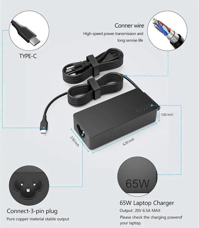 Alt view image 5 of 6 - 65W Laptop Charger USB C Compatible with Lenovo ThinkPad X1 X13 T14 T15 E14 E15 T480s T490 E480,Yoga 7i 9i Thinkbook 13s 14 15 16 Plus G4,65W 45W Chromebook Charger Type C AC Power Adapter