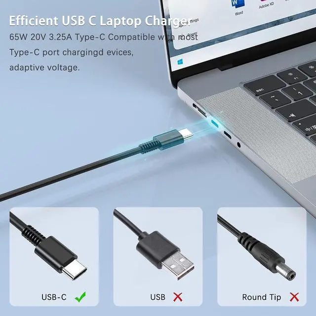 Alt view image 3 of 7 - 65W Universal USB-C Laptop Charger, Compatible with Lenovo Dell HP chromebook Samsung Asus Acer Google Type C Power Cord