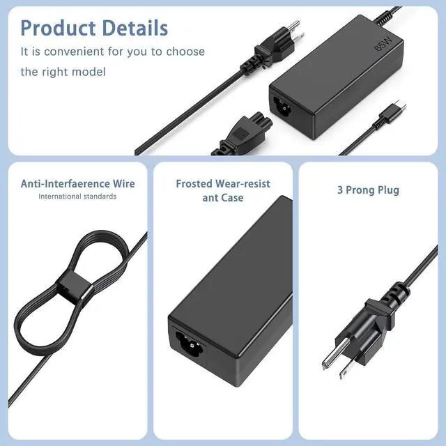 Alt view image 2 of 7 - 65W Universal USB-C Laptop Charger, Compatible with Lenovo Dell HP chromebook Samsung Asus Acer Google Type C Power Cord