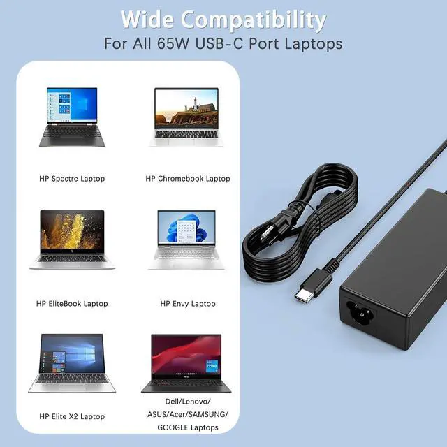 Alt view image 5 of 7 - 65W Universal USB-C Laptop Charger, Compatible with Lenovo Dell HP chromebook Samsung Asus Acer Google Type C Power Cord