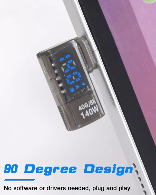 Alt view image 4 of 6 - Poyiccot LED Display USB C Right Angle Adapter, 2Pack USB C 90 Degree Adapter 40Gbps 140W 8K@60Hz, Current Voltage Display Tester Type C Extender Compatible for Thunderbolt 4/3, MacBook, Laptop