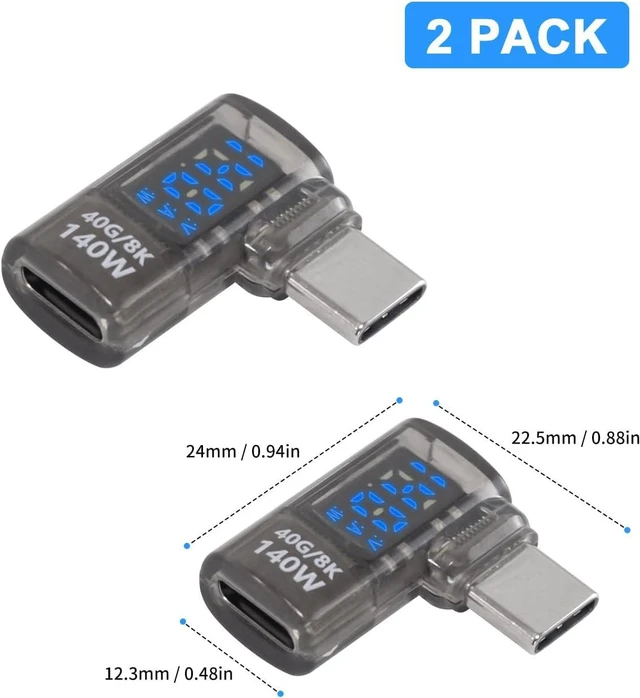 Alt view image 6 of 6 - Poyiccot LED Display USB C Right Angle Adapter, 2Pack USB C 90 Degree Adapter 40Gbps 140W 8K@60Hz, Current Voltage Display Tester Type C Extender Compatible for Thunderbolt 4/3, MacBook, Laptop