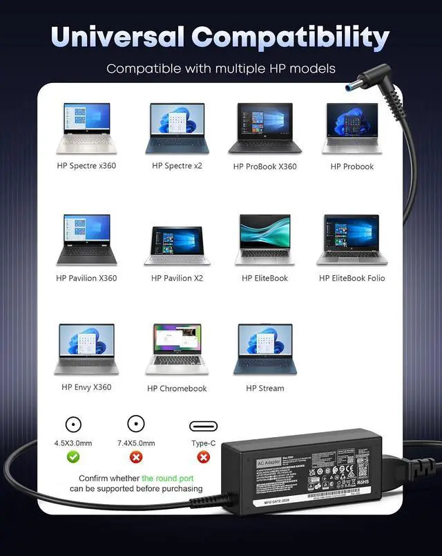 Alt view image 4 of 7 - Replacement for HP Laptop Charger 65W 45W, Blue Tip AC Adapter for HP Pavilion x360 Envy EliteBook ProBook Spectre Stream Chromebook, Computer Power Cord Supply (Blue Tip Laptop Charger)