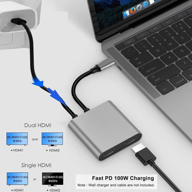 Alt view image 6 of 7 - USB C to Dual HDMI Adapter, 4K@60Hz Type-C to HDMI Splitter for Dual Monitors Extend Display USB3.0 PD100W Suitable for MacBook Air/Pro, Dell, HP, Lenovo, Chromebook, Surface USB Type C Laptops