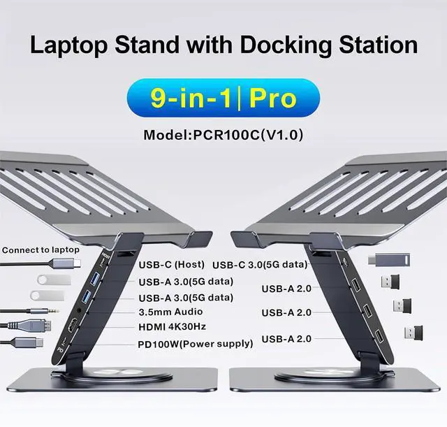 Alt view image 2 of 7 - Laptop Docking Station Stand Dual Display 4K HDMI USB3.0 3.5mm Audio Jack 8-IN-1 360° Swivel Laptop Stand for Desk with USB-C Hub Multiport Adapter Universal for MacBook Pro/Air/Dell/HP/Surface/Lenovo