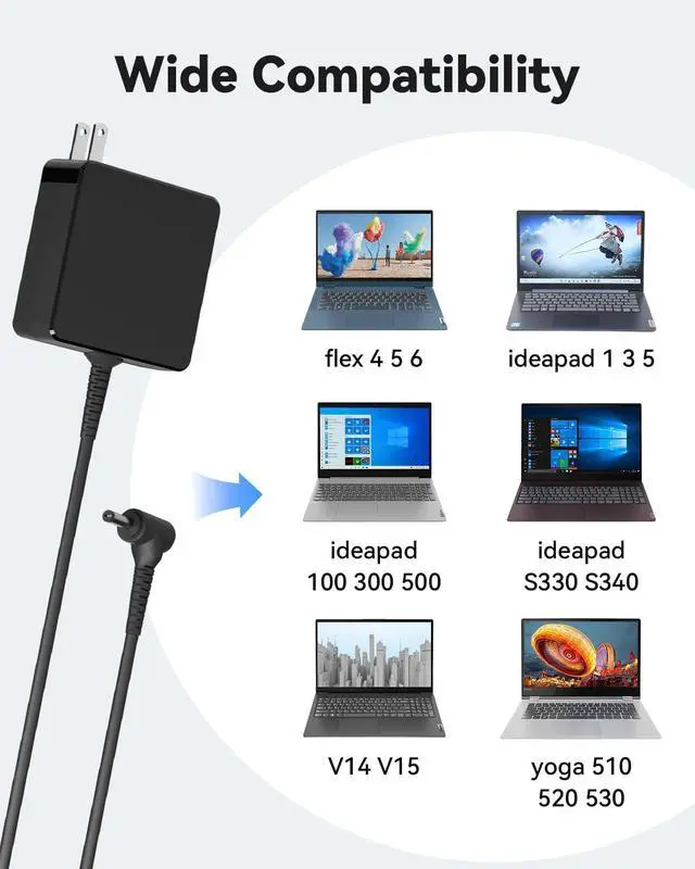 Alt view image 2 of 7 - 65W Round Tip Charger for Lenovo Ideapad Laptop Charger