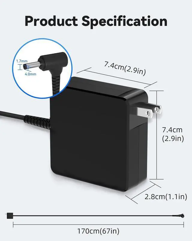 Alt view image 3 of 7 - 65W Round Tip Charger for Lenovo Ideapad Laptop Charger