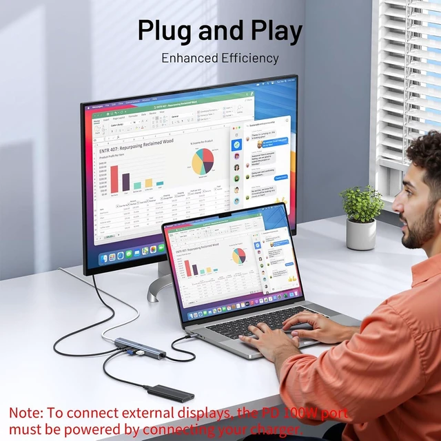 Alt view image 6 of 7 - 10Gbps USB C Hub with 4K@60Hz Video Display Selore 5 Ports USB-C Splitter C Port Data Transfer 100W PD-in Charging Dongle Multiport Adapter for MacBook Pro iPad HP and More