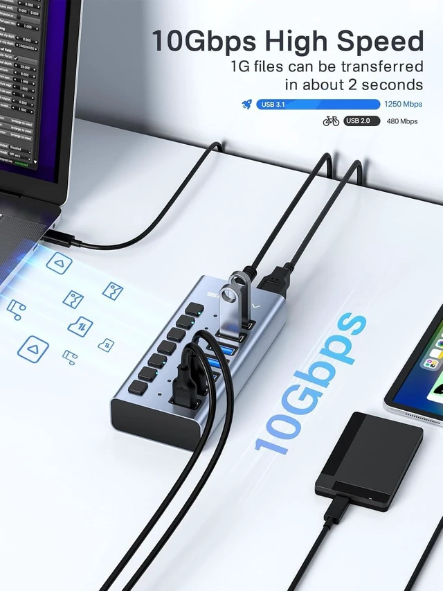 Alt view image 3 of 7 - ACASIS Powered 7 Ports USB 3.2 Hub, 10Gbps Data Transfer, 24W Adapter