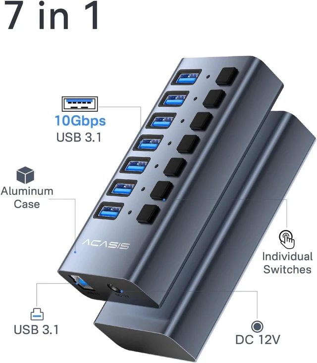 Alt view image 2 of 7 - ACASIS Powered 7 Ports USB 3.2 Hub, 10Gbps Data Transfer, 24W Adapter