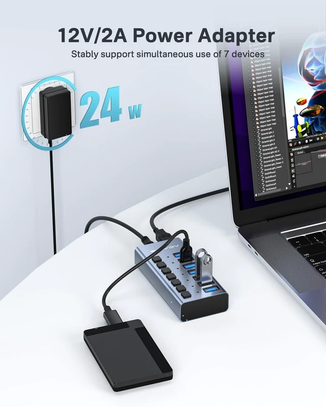 Alt view image 4 of 7 - ACASIS Powered 7 Ports USB 3.2 Hub, 10Gbps Data Transfer, 24W Adapter