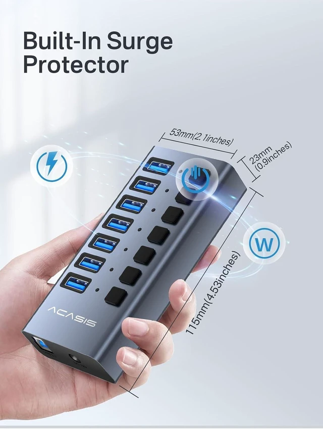 Alt view image 5 of 7 - ACASIS Powered 7 Ports USB 3.2 Hub, 10Gbps Data Transfer, 24W Adapter