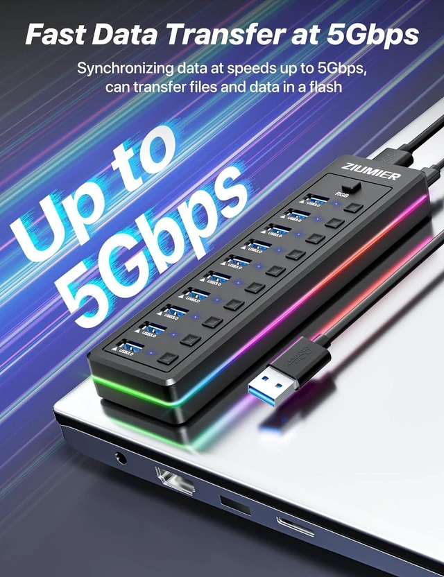Alt view image 3 of 7 - Powered USB Hub, 10-Port USB Splitter with RGB LED Strip