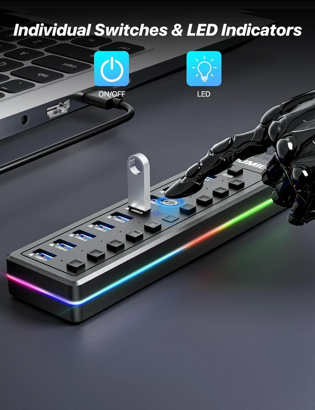 Alt view image 4 of 7 - Powered USB Hub, 10-Port USB Splitter with RGB LED Strip