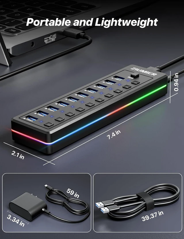 Alt view image 5 of 7 - Powered USB Hub, 10-Port USB Splitter with RGB LED Strip