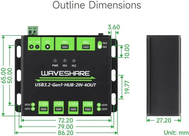Alt view image 7 of 7 - Waveshare Industrial Grade USB HUB, Extending 4X USB 3.2 Ports, Switchable Dual Hosts, Multi Protections