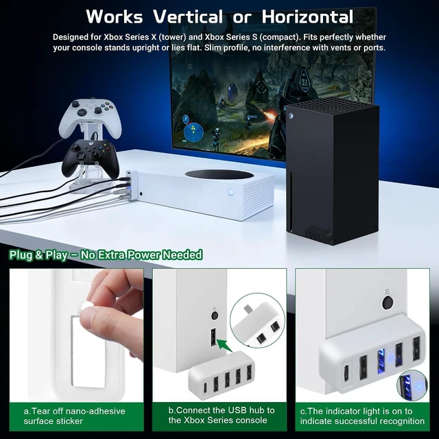 Alt view image 5 of 7 - Joso 5 Ports USB Hub 2.0 for Xbox Series X & S, USB Splitter Expansion Adapter with Type-C for Controller Charger, Keyboard, Mouse & More - White