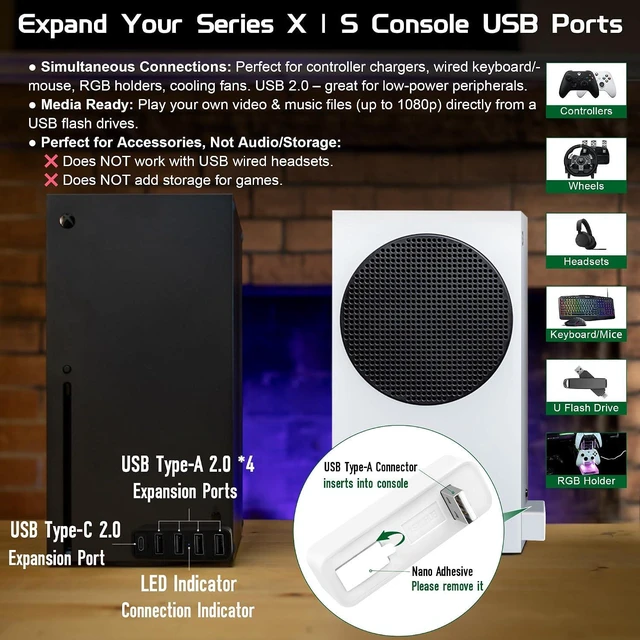 Alt view image 3 of 7 - Joso 5 Ports USB Hub 2.0 for Xbox Series X & S, USB Splitter Expansion Adapter with Type-C for Controller Charger, Keyboard, Mouse & More - White