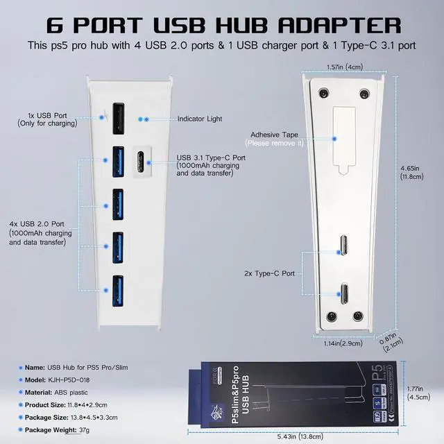 Alt view image 3 of 7 - 6 Port USB Hub for PS5 Pro & PS5 Slim Console Disc/Digital, High-Speed Extra USB Ports for PS5 Slim Pro Accessories, PS5 Hub Charger Splitter Adapter with 4 USB 2.0 + 1 USB Charging Port +1 Type C 3.0