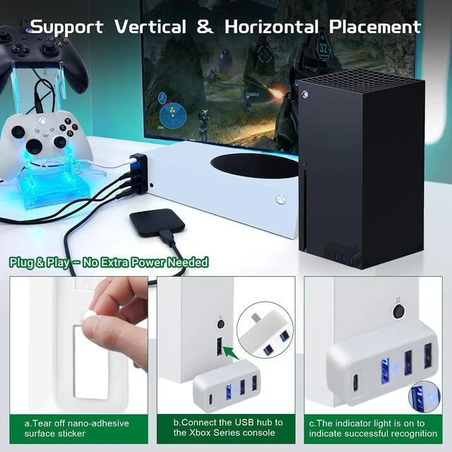 Alt view image 5 of 7 - Joso 4 Ports USB Hub 3.0 for Xbox Series X & S, USB Splitter Expansion Adapter with Type-C for External Hard Drives, Controller Charger, Keyboard, Mouse & More - White