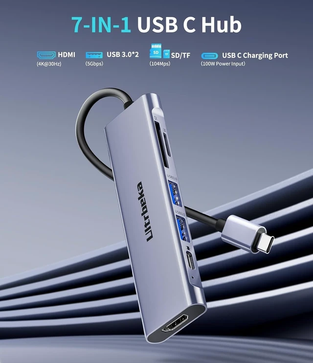 Alt view image 2 of 7 - Ultrbeka USB C Hub, 7in1 USBC Hub, 4K HDMI Multiport Adapter, TF/SD Card Reader, 2×Powered USB-A 3.0 5Gbps, 100W PD, Dongle Adapter, USB-C Extender Compatible for Type C Ports Laptop,MacBook Pro/Air