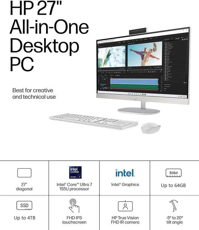 Alt view image 3 of 7 - HP 27-inch All-in-One Desktop PC - 16GB RAM  1TB SSD  Intel Core Ultra 7-155U  FHD Touchscreen Display  Windows 11 Pro  Business AIO for Everyday Use
