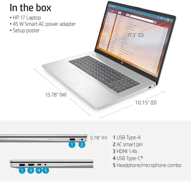Alt view image 3 of 7 - HP 17.3 Inch HD+ Touchscreen Laptop Computer, Intel Core i7-1355U, 64GB RAM, 1TB SSD, Fingerprint Reader, Windows 11 Pro