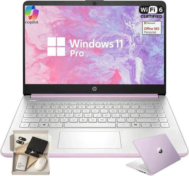 Main image of HP 14" Thin&Light Laptop Computer, Intel 2025 Quad-core CPU, Windows 11 Pro, AI-Powered 1-Y Office 365, Wi-Fi 6, Copilot,8GB RAM, 128GB UFS + 256GB Micro SD Card