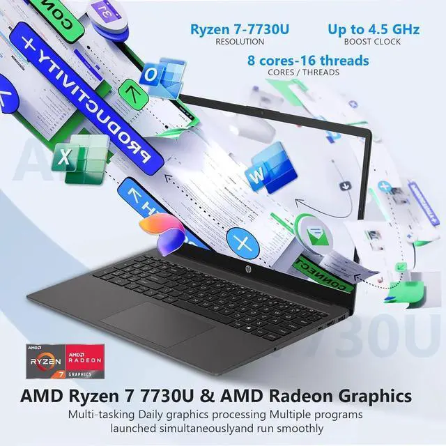 Alt view image 3 of 6 - HP 255 G10 Business Laptop, 15.6" FHD Display, AMD Ryzen 7 7730U, 16GB DDR4, 512GB PCIe SSD, AMD Radeon, Numeric Keypad, Wi-Fi 6, HD Webcam, Bluetooth, Windows 11 Pro