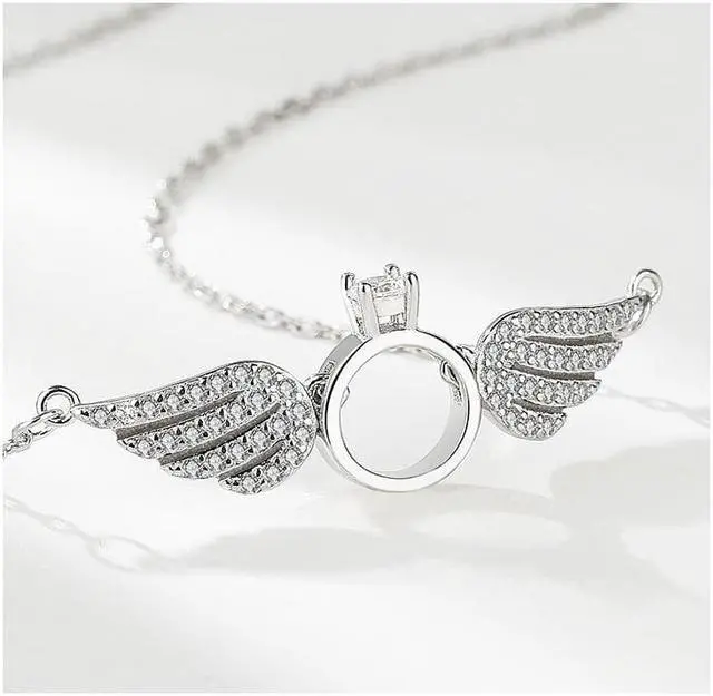 Alt view image 7 of 7 - Angel's Wing White/Gold Pendant Necklace for Women S925 Sterling Silver Inlaid Cubic Zirconia Necklace - Wedding Engagement Valentine's Day Christmas Gift