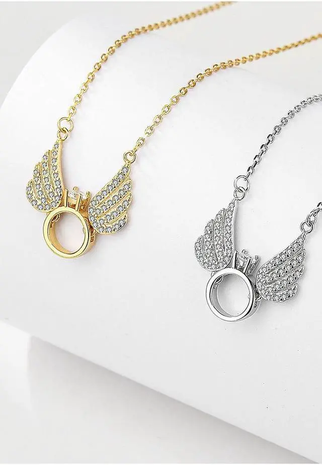 Alt view image 6 of 7 - Angel's Wing White/Gold Pendant Necklace for Women S925 Sterling Silver Inlaid Cubic Zirconia Necklace - Wedding Engagement Valentine's Day Christmas Gift