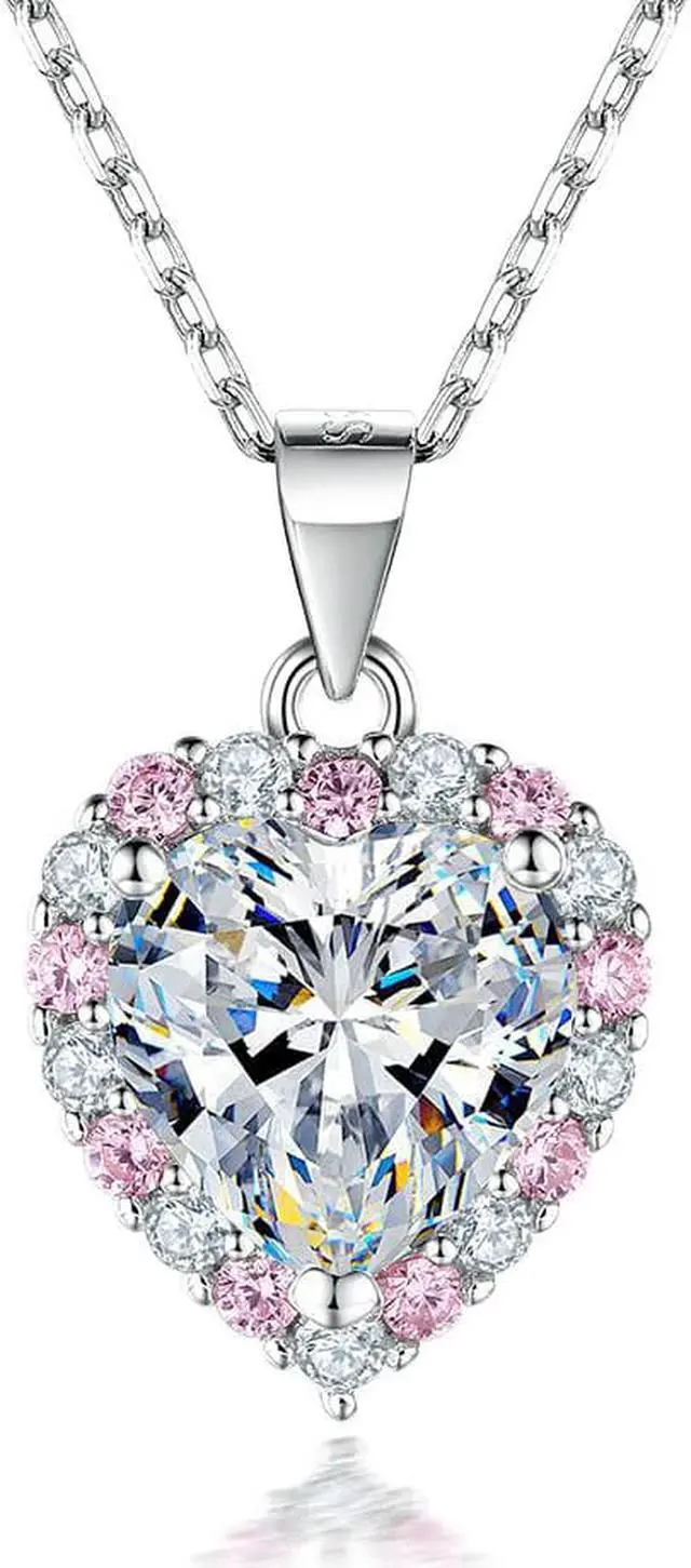 Alt view image 2 of 6 - Heart Pendant Necklace for Women S925 Sterling Silver Inlaid Pink Cubic Zirconia Necklace - Wedding Engagement Valentine's Day Christmas Gift