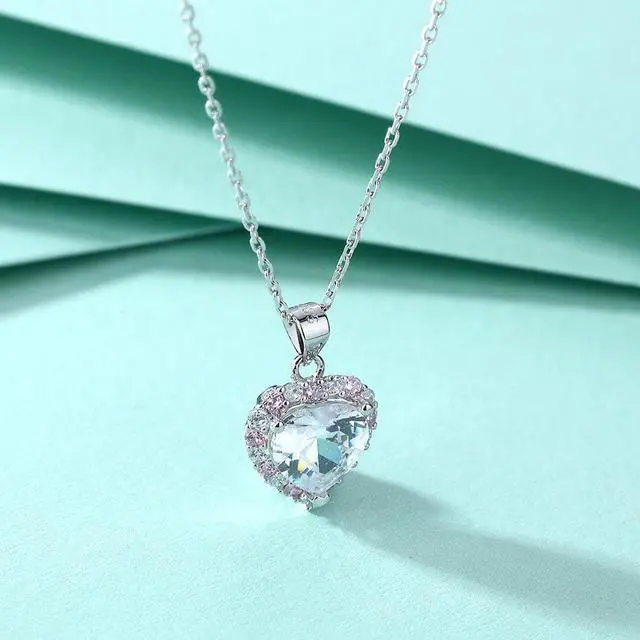Alt view image 3 of 6 - Heart Pendant Necklace for Women S925 Sterling Silver Inlaid Pink Cubic Zirconia Necklace - Wedding Engagement Valentine's Day Christmas Gift