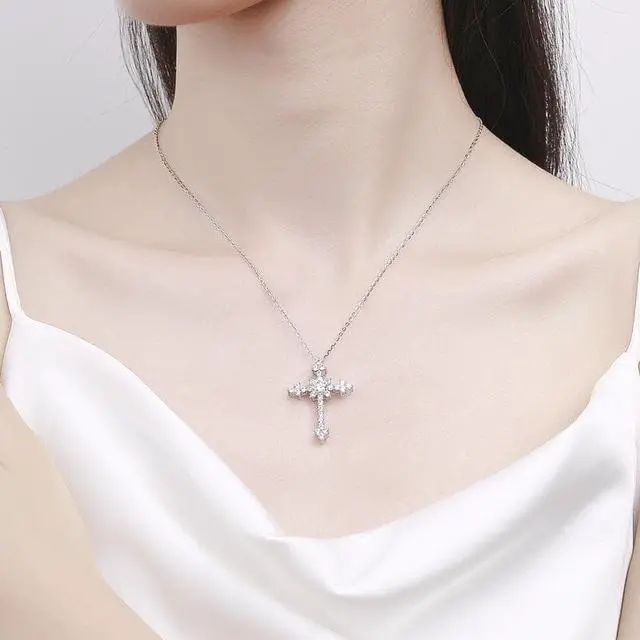 Alt view image 2 of 7 - S925 Sterling Silver Necklace for Women 1CT D Color VVS Moissanite Cross Pendant Necklace - Wedding & Engagement Jewelry Gift