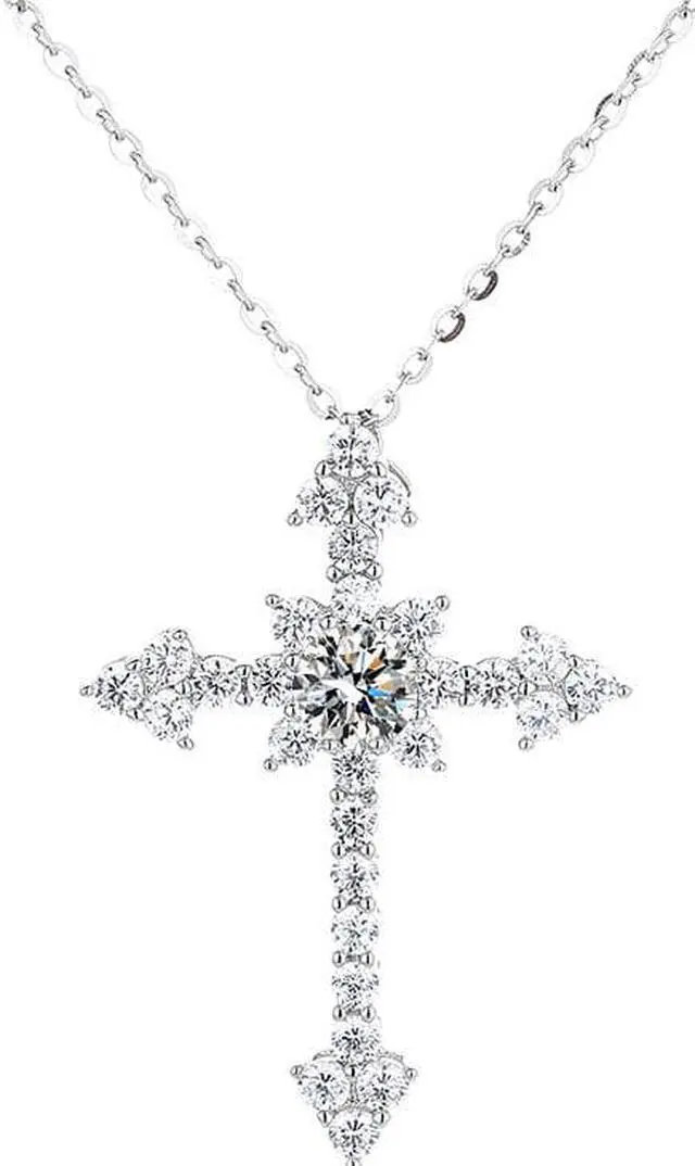 Main image of S925 Sterling Silver Necklace for Women 1CT D Color VVS Moissanite Cross Pendant Necklace - Wedding & Engagement Jewelry Gift