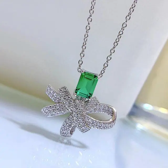 Alt view image 3 of 7 - WAHZAUS Vintage 100% 925 Sterling Silver Emerald Necklace High Carbon Diamonds Pendant Necklace for Women Wife Girlfriend Mother's Day Gifts