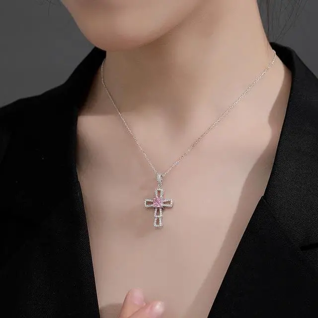 Alt view image 3 of 7 - WAHZAUS Original Design Sterling Silver Sweater Chain Elegant Cross High Carbon Diamond Pendant High-Grade Sterling Silver Necklace for Women