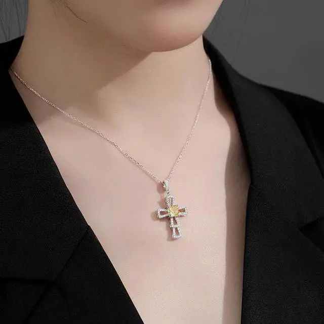 Alt view image 2 of 7 - WAHZAUS Original Design Sterling Silver Sweater Chain Elegant Cross High Carbon Diamond Pendant High-Grade Sterling Silver Necklace for Women