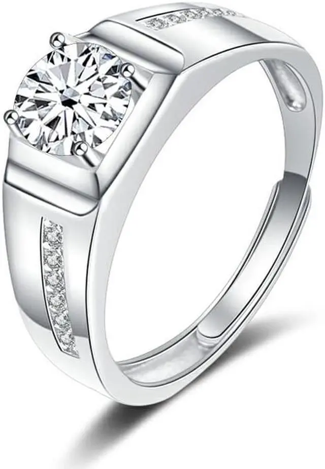 Main image of 1 Carat D Color VVS1 Moissanite Men Rings S925 Sterling Silver Round Cut Diamond Engagement Rings for Men - Wedding Band Valentine's Day Birthday Gift with Certificate