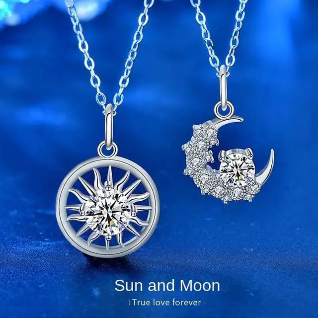 Alt view image 2 of 7 - D Color VVS1 with 18K Gold Plating Moissanite Lovers Pendant Necklace for Women S925 Sterling Silver Sun & Moon Diamond Necklace - Wedding Engagement Valentine's Day Christmas Gift