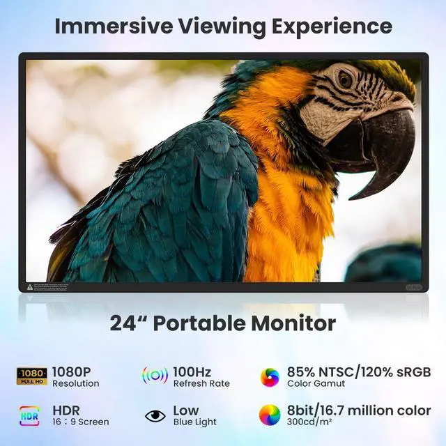 Alt view image 3 of 7 - Hyangin D1 23.8" Laptop Screen Extender  FHD 1080P IPS Monitor, 100Hz, Portable Dual Screen with USB-C, HDMI, HDR, VESA Mount, Foldable Stand, 90° Rotation, for Work, Travel, Gaming, DeX, EMUI, TNT