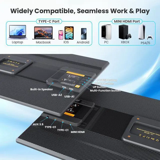 Alt view image 6 of 7 - Hyangin D1 23.8" Laptop Screen Extender  FHD 1080P IPS Monitor, 100Hz, Portable Dual Screen with USB-C, HDMI, HDR, VESA Mount, Foldable Stand, 90° Rotation, for Work, Travel, Gaming, DeX, EMUI, TNT