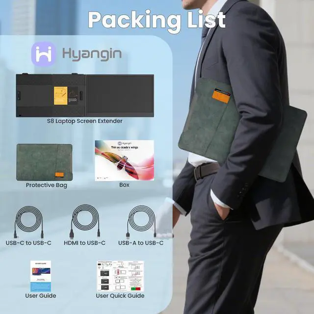 Alt view image 7 of 7 - Hyangin S8 14" Portable Monitor for Laptop, Ultra-Slim 1080P IPS USB-C Screen Extender with Dual Screen, 100W PD Charging, 3×USB-C, CNC Aluminum, 4.5mm Thin, Lightweight for Travel, Gaming, Office