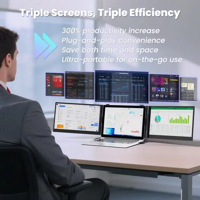 Alt view image 2 of 7 - Hyangin S8 PRO 14" Triple Monitor Laptop Screen Extender  1080P IPS Display, Ultra-Slim 1.02kg Portable Monitor, USB-C ×3 with PD 100W, Foldable Stand, for Laptop/Phone/Travel/Workstation