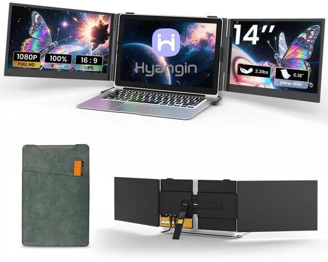 Main image of Hyangin S8 PRO 14" Triple Monitor Laptop Screen Extender  1080P IPS Display, Ultra-Slim 1.02kg Portable Monitor, USB-C ×3 with PD 100W, Foldable Stand, for Laptop/Phone/Travel/Workstation